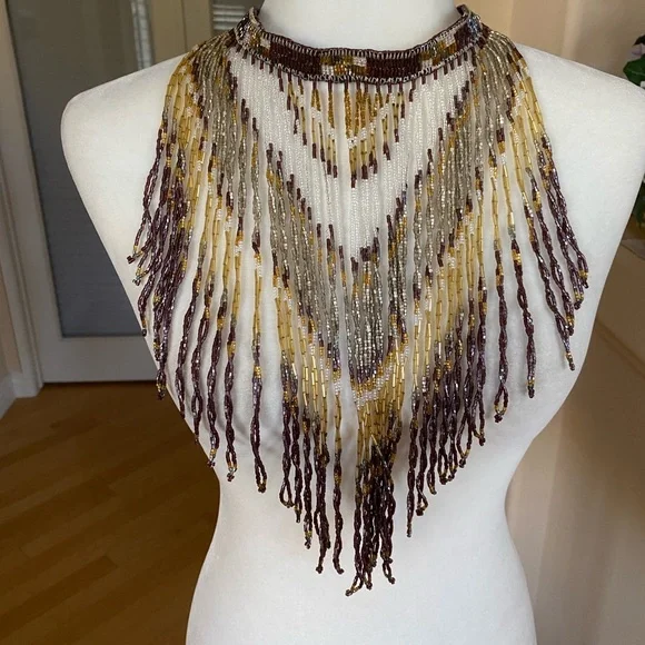 Handmade Beaded Fringe Statement Necklace in Brown and Gold - Picture 3 of 8